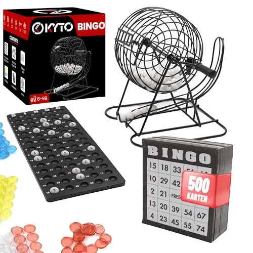 Kyto Bingospielset mit 18 Bingotickets - Komplettes Bingospielset mit 75 Bingo Kugeln, 150 Chips, Spielbrett und 500 Bingokarten – ideal für gesellige Spielabende mit der Familie oder Freunden!
