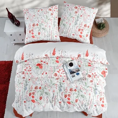 ZIRVEHOME Bettwäsche 200x200 Baumwolle 3 teilig Bettgarnitur mit Bettbezug 200x200cm und Kissenbezug 80x80 Renforcé geblümt mit Grün Rot Blumen Muster Eleyse