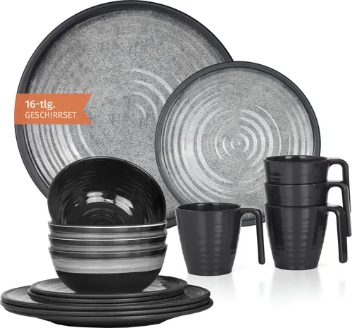 Melamin Camping Geschirr Set für 4 Personen in Stone Grey - Praktisches Melamin Geschirr Set für 4 Personen, perfekt für Picknicks und BBQ. Leicht, bruchsicher und spülmaschinengeeignet bei niedriger Temperatur – ideal für den Outdoor-Einsatz!