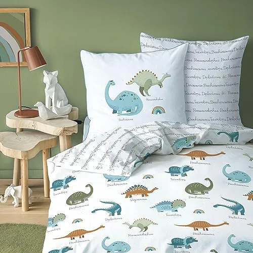 Dino Bettwäsche 135x200 - Niedliche Dinosaurier für Kinder - Bettwaren-Set für Kinder mit 100% Baumwolle, hautfreundlich und Öko Tex zertifiziert. Perfekt für eine fröhliche Atmosphäre im Kinderzimmer.