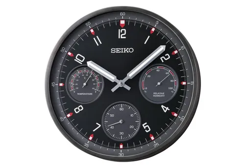 SEIKO Wanduhr, schwarz - Elegante Quarzuhr mit Leuchtzeigern, ideal für Wohnzimmer, Küche oder Flur. Durchmesser 33 cm, inklusive Batterie für sofortigen Einsatz.
