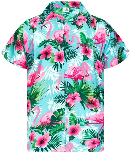 King Kameha Funky Hawaii-Hemd, Kurzarm, Flamingo-Flowers, Türkis-Pink, 5XL - Leichtes Hawaii-Hemd für warme Tage, mit lebhaften Farben und hohem Tragekomfort. Ideal für Urlaub und Freizeit, perfekt kombinierbar für jeden Anlass.