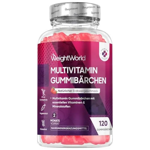 Multivitamin Gummibärchen - 120 Gummies mit 13 Zutaten - Mit Zink, Vitamin C, A,D3,E, B9,B5, Biotin - Erdbeergeschmack - 2 Monate Vorrat - Alternative zu Tabletten - Multivitamin Komplex - WeightWorld