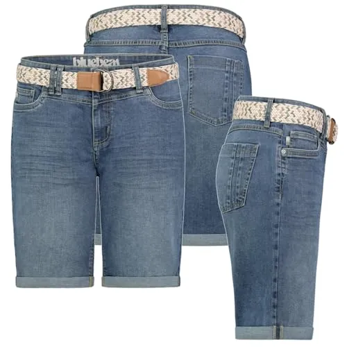 Sublevel Damen Jeans Shorts Bermuda Kurze Hose Shorts Short Denim Stretch Denim, Farbe:Middle-Blue, Größe:S / 36