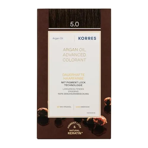 KORRES Arganöl Hochentwickelte Coloration 5.0 Hellbraun - Haarfarben mit 100 % Grau- und Weissabdeckung, angereichert mit Arganöl und pflanzlichem Keratin für gesundes, glänzendes Haar und langanhaltende Farbe ohne Ammoniak.