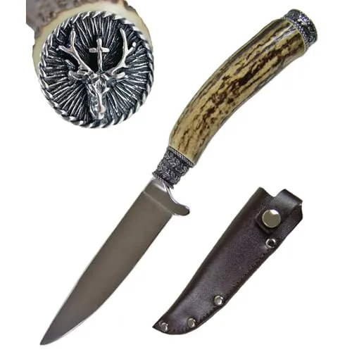 Funk Hirschhorn Trachtenmesser mit Zierkappe - Hubertushirsch - Rostfrei - Naturprodukt vereint mit Stahl - für Trachtenliebhaber