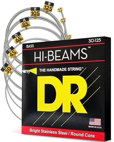 DR Strings Hi-Beam MR6-30 – E-Bass Saiten, 6-Saiter Set, Edelstahl, Rundkern, Medium 30-125