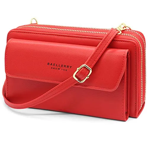 HNOOM Handy Umhängetasche Damen Handytasche zum Umhängen Handy Schultertasche Brieftasche Klein Crossbody Tasche Handy Geldbeutel Handytasche Geldbörse mit Kartenfächer, Schultergurt (Rot)