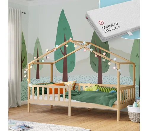 Bellabino Kinderbett Bia mit Rausfallschutz & Lattenrost – natur, 90x200 cm - Stilvolles Kinderbett aus Kiefernholz mit integriertem Rausfallschutz und Lattenrost. Perfekt für eine sichere und gemütliche Schlafumgebung. Ideal für Kinderzimmer!