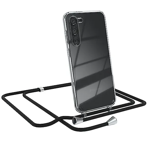 EAZY CASE - Handykette kompatibel mit Samsung Galaxy S23 Plus Kette zum Umhängen für Samsung Galaxy S23 Plus Hülle mit Band aus Silikon transparente Handyhülle als Fallschutz in Schwarz Clips Silber