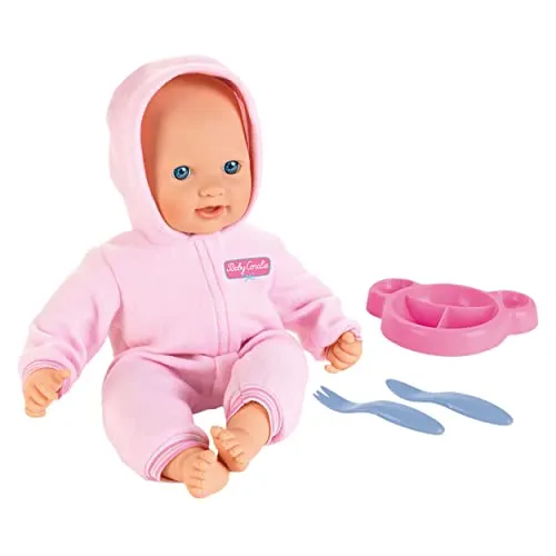 Theo Klein 1723 Baby Coralie Schmusebaby - Puppe (40 cm) mit extraweichem Körper und Zubehör wie Teller, Löffel und Gabel. Ideal für Kinder ab 18 Monaten, fördert Empathie und Motorik.