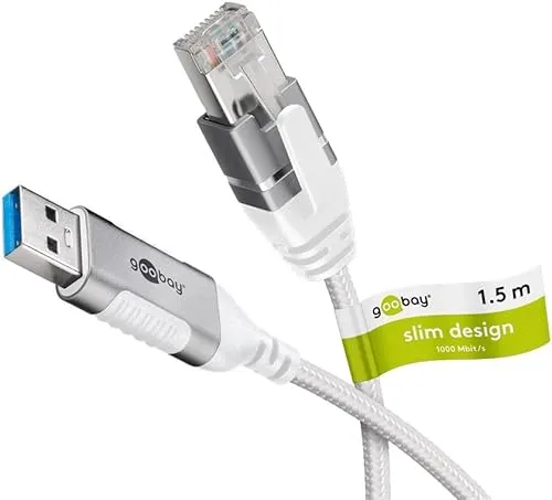 goobay USB-A 3.0 auf RJ45 Ethernet Kabel - Cat-6-Ethernetkabel mit Slim-Design für eine stabile Internetverbindung bis zu 1 Gbit/s, ideal für unterwegs und kompatibel mit gängigen Notebooks und Tablets.