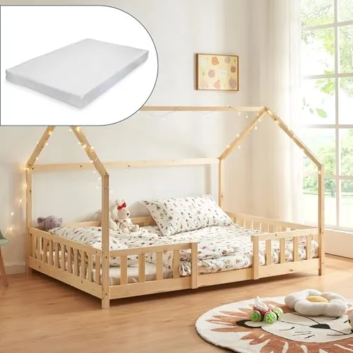 [en.casa] Kinderbett Sisimiut mit Matratze 120 x 200 cm - Kleinkindbett mit gemütlicher Hausoptik und effektivem Rausfallschutz für sicheren Schlaf. Die allergikergeeignete Kaltschaummatratze sorgt für angenehmen Komfort.
