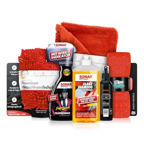 Autowäsche Set – SONAX Glanz Shampoo Konzentrat 500 ml + FelgenBeast Felgenreiniger 500 ml + Waschhandschuh + Trockentuch + Mikrofasertuch + Duftspray – Auto Waschset, Autoreinigungsset Außen, 6-tlg.