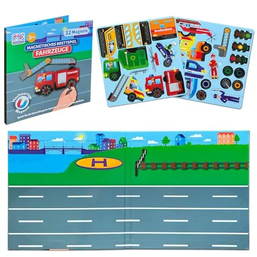 MAGNIKON Magnetspiel Fahrzeuge 32 Magnete, Motorikspielzeug für die Beschäftigung bei der Autofahrt, Spiel für Unterwegs mit verschiedenen Magnetpuzzlen, Magnetbuch ab 3