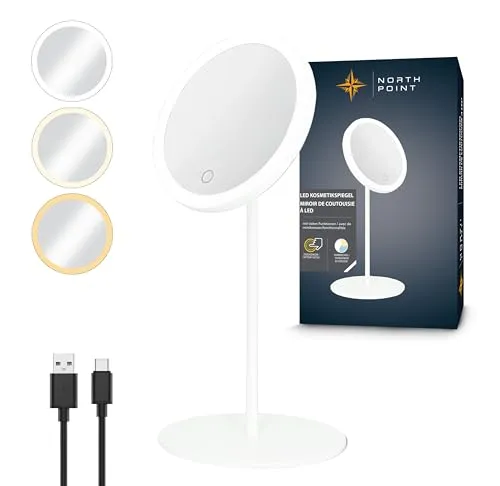 Northpoint LED Akku Kosmetikspiegel 5-Fach mit 3 Lichtfarben - Präzise 5-fach Vergrößerung für Makeup und Pflege. 3 Lichtfarben und stufenlos dimmbar für perfekte Beleuchtung. Flexibel einstellbar und kabellos – ideal für unterwegs.