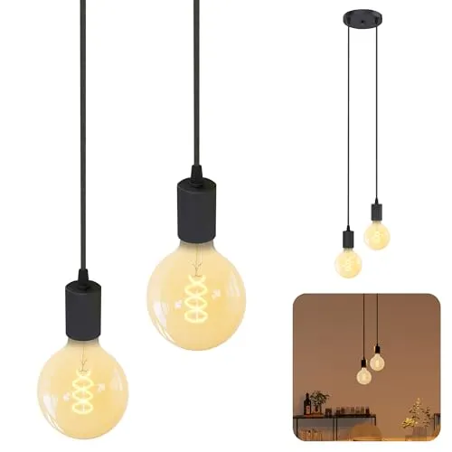 SSC-LUXon PARU Pendelleuchte Vintage 2-flammig schwarz - Design Hängelampe mit Textilkabeln inkl. 2x E27 LED Filament Globe XL