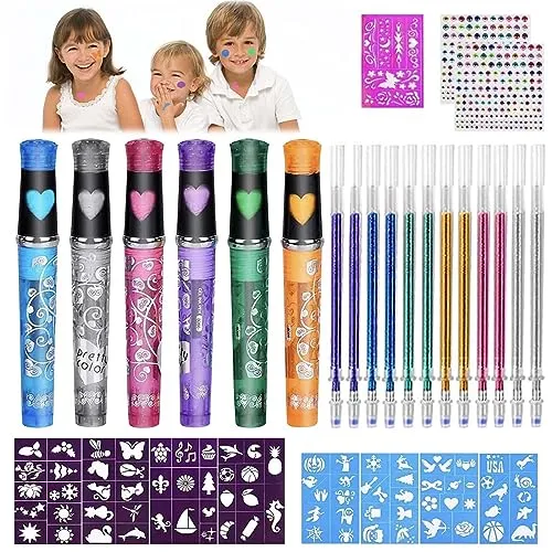 Mkitnvy Tattoo Stifte Kinder, 6 Tatoostift mit 9 Schablone,12 Nachfüllungen und 4 Blätter Glitzersteine Gesicht, Tattoo Gelstifte Set für Jungen Mädchen Halloween Party, Übernachtungsparty