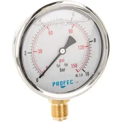 Profec Manometer 0 - 10 Bar, Glyzeringefüllt, Ø 100 mm - Hochwertiges PROFEC Druckmanometer mit Ø 100 mm, ideal für präzise Druckmessungen bis 10 bar. Die Glyzeringefüllung reduziert Vibrationen und sorgt für zuverlässige Werte. Robustes Edelstahlgehäuse für langlebigen Einsatz.