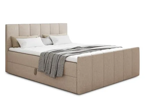 Boxspringbett Star Lux mit Fußteil und Bettkästen - 140x200 cm Beige - Bequemes Polsterbett mit zwei praktischen Bettkästen und einer hochwertigen Bonell-Matratze. Inklusive Topper für zusätzlichen Schlafkomfort. Ideal für stilvolle Schlafzimmer.