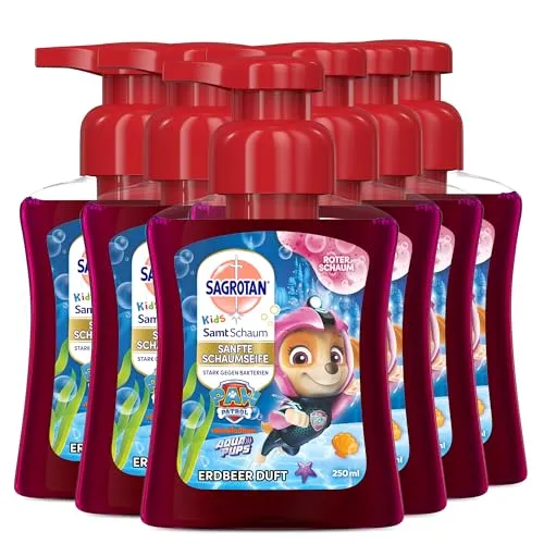 Sagrotan Kids Samt-Schaumseife Erdbeere – Paw Patrol Edition – 6 x 250 ml Schaumseife mit farbigem Schaum im Seifenspender