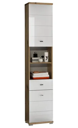 Livetastic Hochschrank Eiche Artisan & Weiß Hochglanz - Bad-Hochschrank mit 3 verstellbaren Fächern und 1 Schublade, elegantes Design in Eiche Artisan und Hochglanz-Weiß für stilvolle Ordnung im Badezimmer.