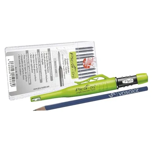 Pica Dry Tieflochmarker Set - Druckbleistift mit Minenvorschub - Bleistiftminen für präzise Markierungen auf rauen und feuchten Flächen. Inklusive 10 angespitzten Ersatzminen für hohe Sichtbarkeit und Kontrast.