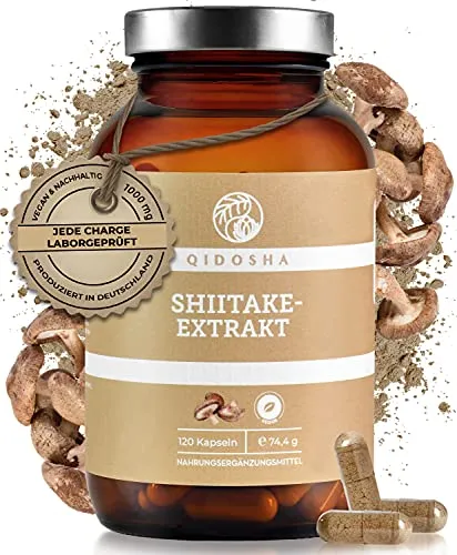 QIDOSHA® Shiitake 15:1 Extrakt Kapseln, 120 Stk, 1000 mg Dual-Extrakt je Tagesportion, 30% Polysaccharide, Premium Shiitake-Pilz-Kapseln hochdosiert, vegan, laborgeprueft