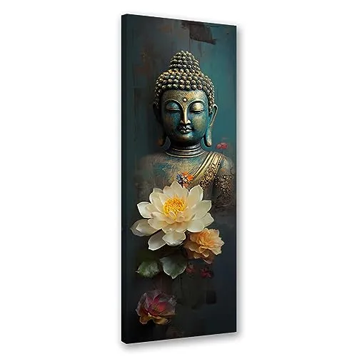 Feeby Bilder Buddha Buddhismus 30x90 cm 1 tlg Modern Leinwandbilder Bild auf Leinwand Kunstdruck Wand Bild Wanddeko Design Schlafzimmer Büro Flur Hotel Spa Wohnzimmer Zen Yoga Orient Blau