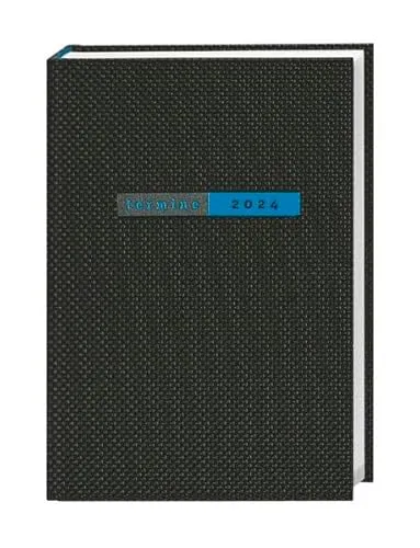 Schwarzer Terminer A5. Schicker Terminkalender 2024 mit hochwertigem Struktureinband. Buch-Kalender mit Lesebändchen. Wochenplaner 2024 mit 152 Seiten. Taschenkalender zum Planen von Terminen.