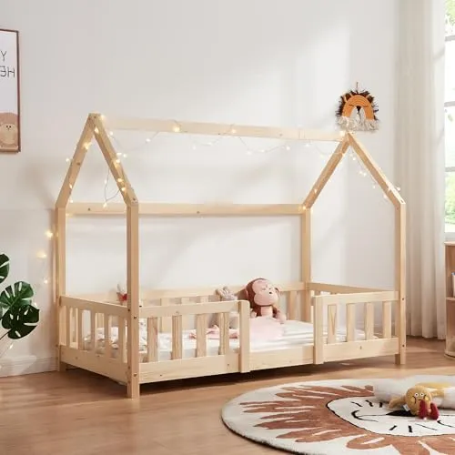 [en.casa] Kinderbett Sisimiut 80 x 160 cm mit Rausfallschutz - Kleinkindbett aus hochwertigem Kiefernholz mit sicherem Rausfallschutz, ideal für eine gemütliche und sichere Schlafumgebung.