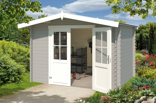Gartenhaus Blockhaus Satteldach 28 mm Baltimore grau 312x250 cm - Gartenhaus mit 6.43 m² Nutzfläche, abschließbar und aus robustem Holz, ideal für Gartenliebhaber, die zusätzlichen Stauraum suchen.