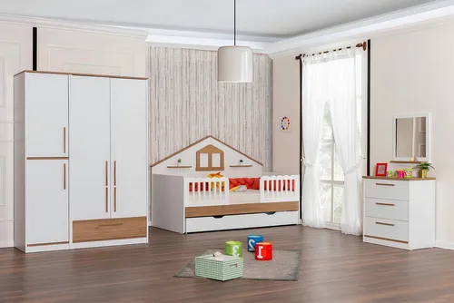 Designer Kinderzimmer Einrichtung: Bett und Kleiderschrank Set - Moderne Schlafzimmergarnitur für Kinder mit 3 Teilen: Bett (100x200 cm), Kleiderschrank und Kommode. Robuste Holzqualität, elegantes Design und praktische Stauraumlösungen für jedes Kinderzimmer.