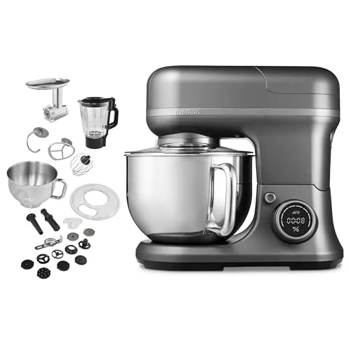 Medion® Küchenmaschine MD 18430, 1200 W mit 5 l Schüssel - Küchenmaschine mit 5 l Edelstahlschüssel, 8 Geschwindigkeitsstufen und umfangreichem Zubehör für vielseitige Kochmöglichkeiten. Ideal für große Mengen und einfache Handhabung.