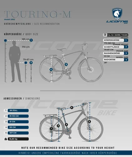 Licorne Bike Premium Touring Trekkingrad 28 Zoll - Hochwertiges Trekkingrad in Silber, ideal für StVZO konforme Fahrten, mit einem zulässigen Gesamtgewicht von 95 kg für optimale Stabilität.