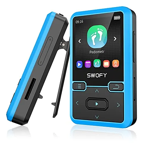 SWOFY MP3 Player Bluetooth 5.0 mit Sport Clip, 32GB Tragbarer Mini Musik Player mit Kopfhörer, FM Radio, Schrittzähler, Sprachaufzeichnung, Unterstützt bis 128GB SD Karte (Blau)