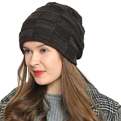 DonDon Mütze Damen Wintermütze Slouch Beanie Strickmütze mit warmen Fleece Innenfutter braun