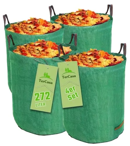 TerCasa Gartensack 4er Pack, Abfallsack 272 L, Gartenabfallsack Höhe 76 cm, Ø 67 cm, Sack für Gartenabfälle aus reißfestem Polypropylen-Gewebe, mit Verstärkungsring und 4 Griffen, grün