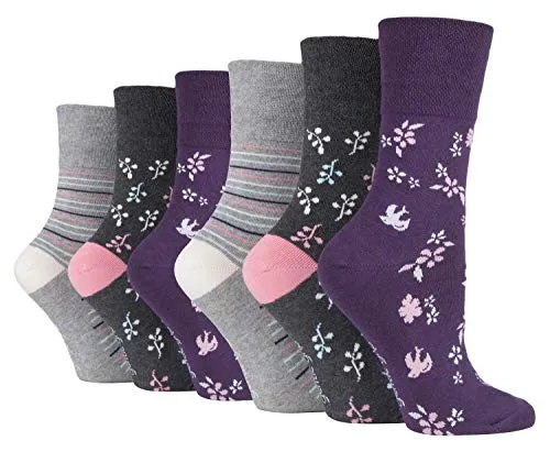 Gentle Grip - 6er Pack Damen Baumwolle Ohne Gummibund Socken | Socken mit Bunt Elegant Motiv (37/38, SOLRH214)
