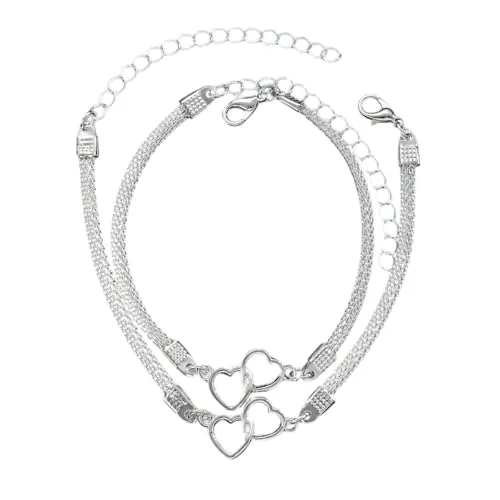 meberg Fußkettchen und Armband Schmuckset mit Herz-Anhänger Gold Silber 2er Set Damenarmband und Fusskette Armschmuck Fußschmuck Urlaub Strand Abendmode Accessoires (Silber)