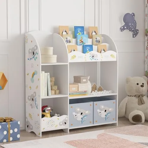[en.casa] Kinderregal Lysekil mit Koala-Motiv - Kinderzimmerregal mit viel Stauraum: Offene Fächer und 2 Aufbewahrungsboxen für Bücher und Spielzeug. Sicher und kinderfreundlich mit abgerundeten Ecken.