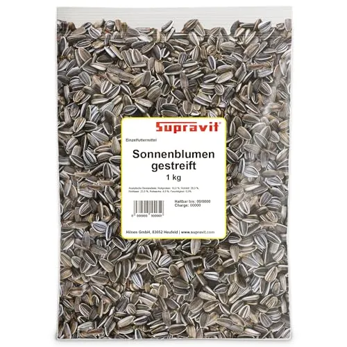 Supravit Sonnenblumenkerne gestreift 1 kg – Premium Vogelfutter für Gartenvögel | energiereiches Wildvogelfutter & Streufutter für Ganzjahresfütterung | ungeschälte Sonnenblumenkerne