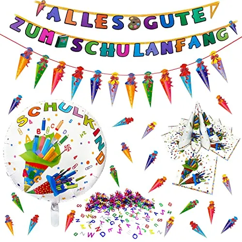 Oblique Unique® Schuleinführung Schulanfang Einschulung Deko Set - Folienballon Schulkind + 2X Girlande + 20 Servietten + Zuckertüten & Buchstaben Konfetti