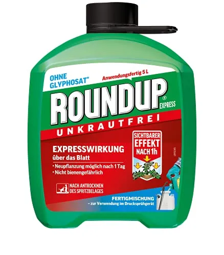 Roundup Unkrautfrei Express 5L - Schnelle Unkrautbekämpfung - Unkrautvernichter für Garten und Wege, wirkt schnell und bienengefährlich. Ideal zur Bekämpfung von einjährigen Unkräutern ohne Glyphosat.