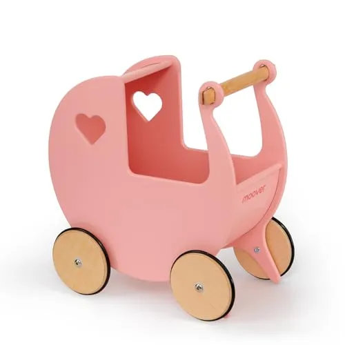 Moover Klassischer Puppenwagen für Kleinkinder, komplett montiert, hergestellt in Dänemark aus russischem Birkensperrholz, Nachschubspielzeug, 18 Monate + 44 x 43 x 24 cm, Korallenrosa und Naturholz