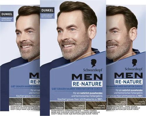 MEN RE-NATURE Naturton Dunkel Dunkelbraun bis Schwarz, 3x 145 ML - Haarfärbemittel für natürliche Farbauffrischung, ideal für alle Haartypen. Verleiht Ihrem Haar einen tiefen, lebendigen Farbton und sorgt für ein gepflegtes Aussehen.