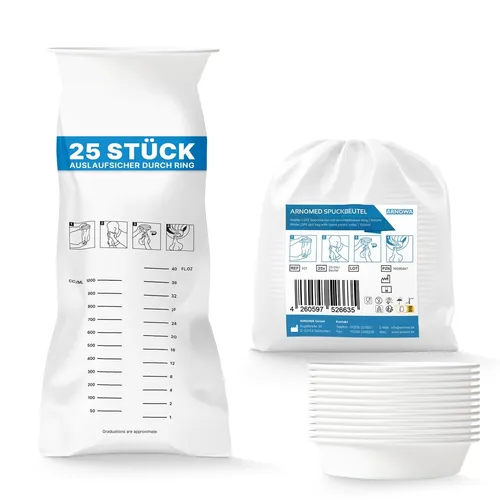 ARNOMED Spuckbeutel mit Mundstück 25 Stk - Einweg Brechbeutel mit 2000ml Fassungsvermögen, auslaufsicher und mit praktischem Verschlussring – ideal für den Einsatz in der Pflege.