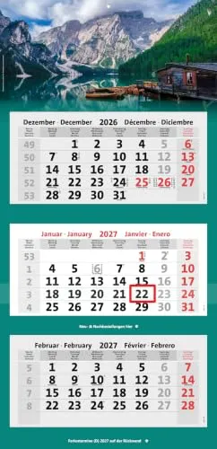 Bildkalender 3-Monatskalender 2027 Kombi Bürokalender (Bergsee) | Wandkalender mit Panorama Bild