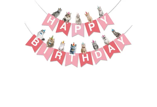 BRUBAKER Wimpelkette Happy Birthday mit Party Katzen - Geburtstag Deko Party Banner, Geburtstagsgirlande für Jungen und Mädchen - Tier Girlande