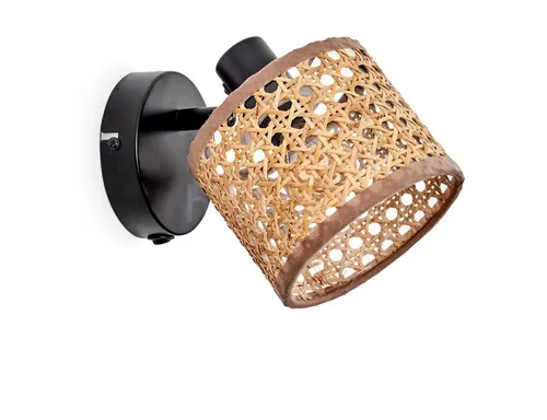 hofstein Wandleuchte aus Metall/Rattan in Schwarz/Natur – Verstellbare Wandlampe für jeden Raum - Stylische Wandleuchte im Boho-Style, ideal für Esszimmer, Flur oder Wohnzimmer. Der dreh- und schwenkbare Schirm sorgt für individuelle Lichtakzente. Leuchtmittel nicht enthalten.